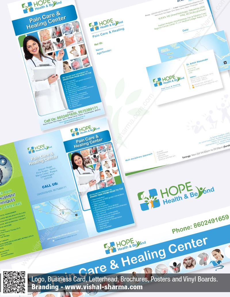 Board, Brochure, Logo, Letterhead and Business Card images were used in the branding for Hope Health and Beyond Clinic Branding