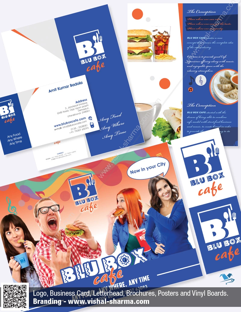 Logo, Business Card , Brochure and Vinyl Poster Design in one image were used in the Blue Box Cafe branding