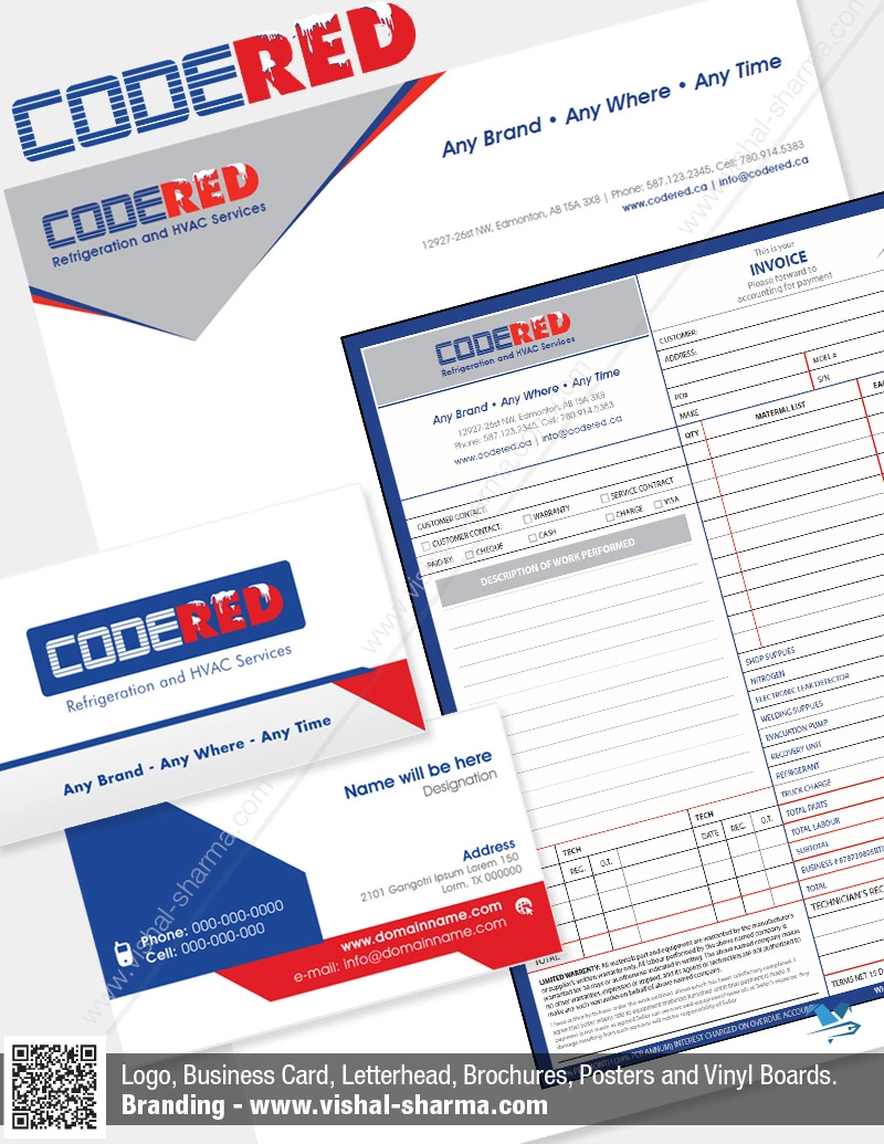Logo, Letterhead, Business Card and Other Stationary Designs in one image were used in the branding for Code Red Refrigeration and HVAC Services