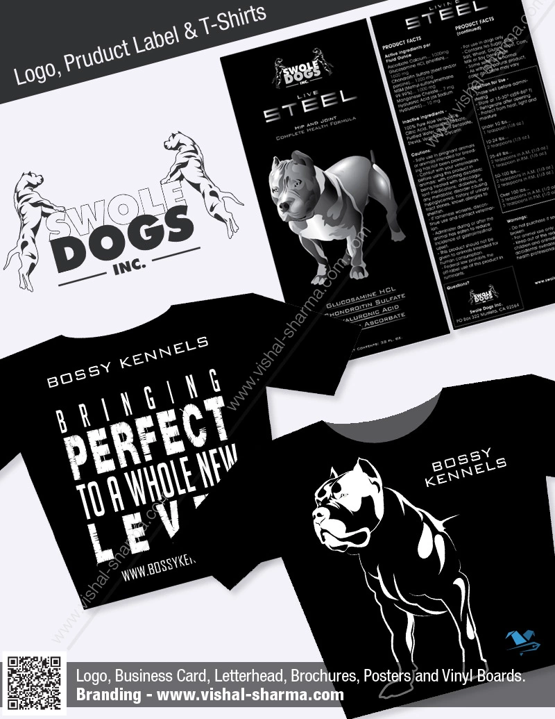 Product Label, Logo  and T-Shirt Designs in one image were used in the branding for Swole Dogs Inc.