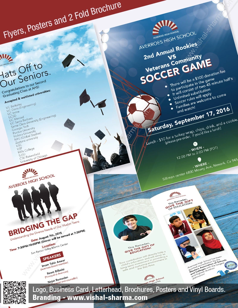 Donation Card, Poster, Flyer and Brochure Design in one image were used in the branding for Averroes High School, USA