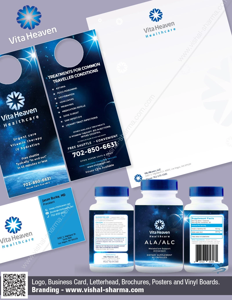 Door Hanger,Rack Card, Logo, Business Card and Product Label Design in one image were used in the branding for Vita Heaven Health Care, Las Vegas.