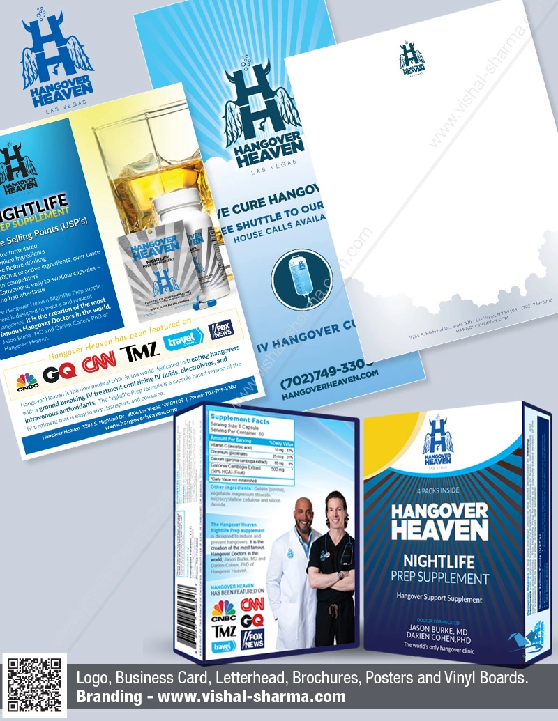 Rack Card, Box Label, and Flyer Design in one image were used in the branding design